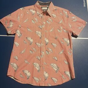 Oxford Blue Button Up Shirt‎ Size L Red Stripes Sail Boats Sailing Yacht Club